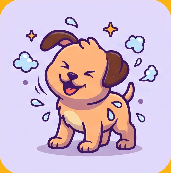 Illustrated Tails n' Trims puppy shaking off water